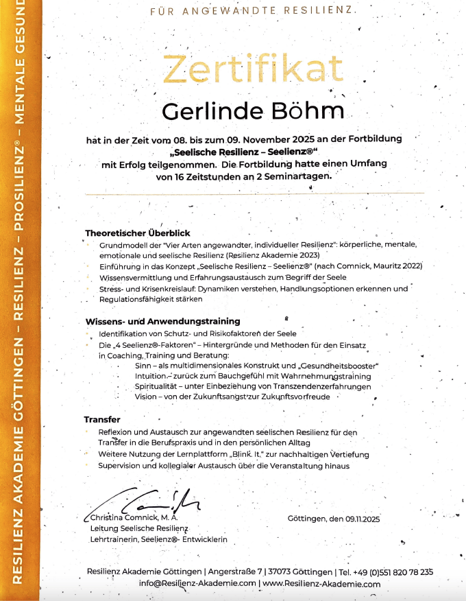 Angewandte Resilienz Zertifikat von Gerlinde Böhm